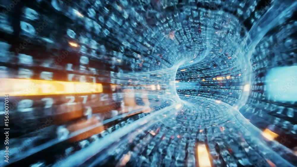 Futuristic digital data tunnel with flowing code and dynamic lights, cinematic