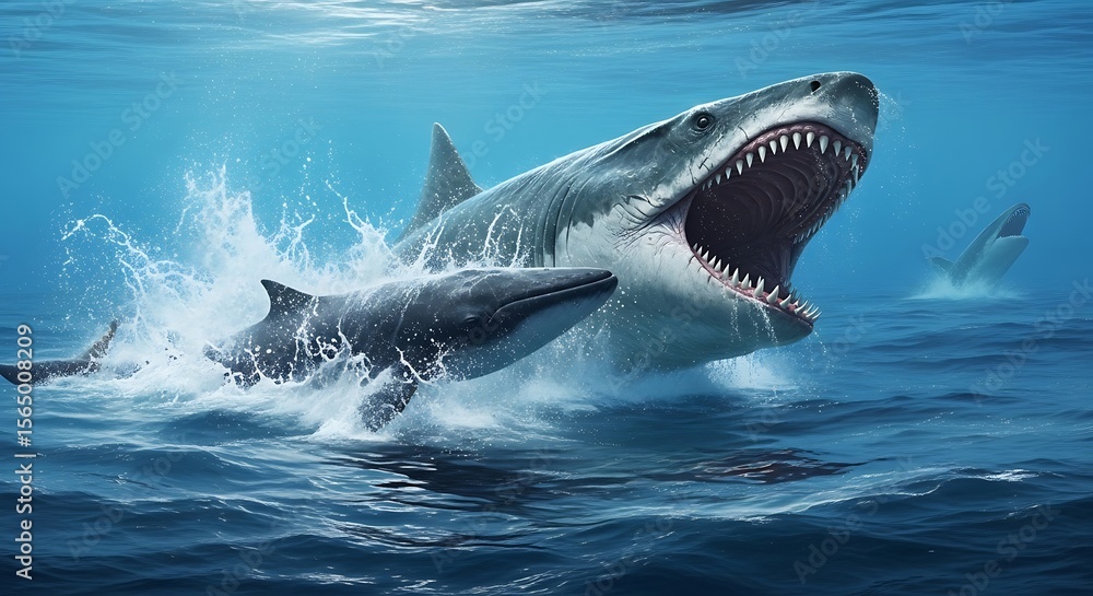 Fototapeta premium Great White Shark Attacking Whale Ocean Predator Power