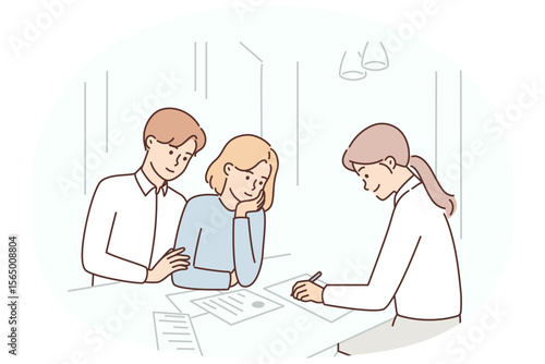 Married couple is consulting insurance agent or lawyer and drawing up marriage contract in office