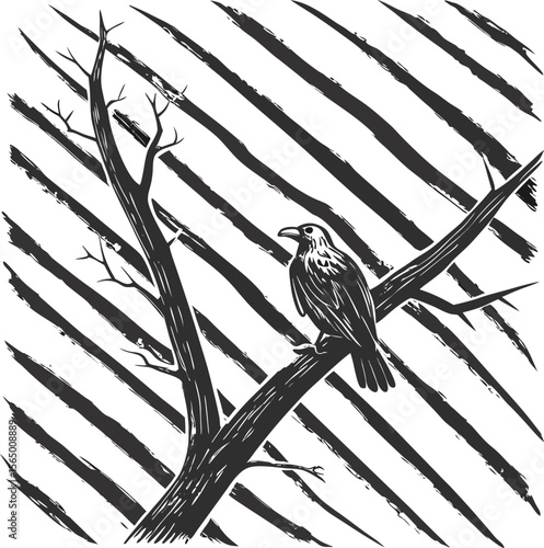 Isolated nature's protection: a rusty bird on a barbed wire fence with a sharp, steel branch against the sky