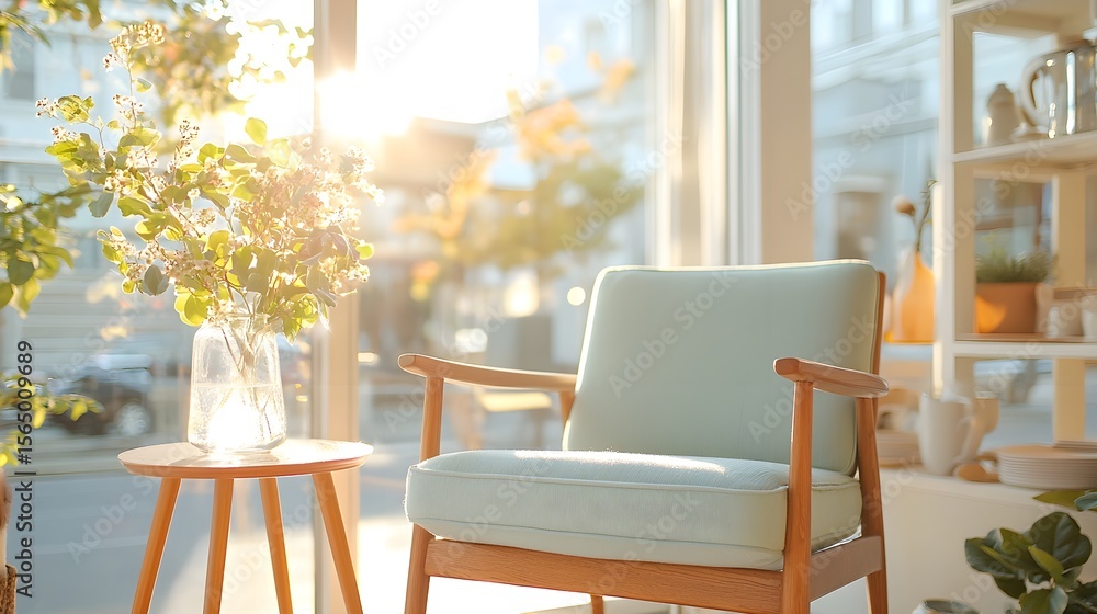 Fototapeta premium a plant in a vase sitting on a chair in front of a
