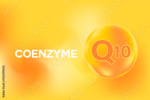 Vitamin Coenzyme q10 glowing 3D molecule or bubble, watercolor gradient background. Rich fluid orange color flowing bubbles, supplement nutrition, beauty product banner, presentation, infographic