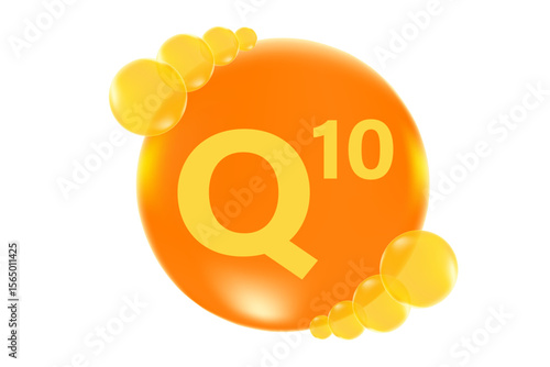 Vitamin Coenzyme q10 icon, glowing 3D molecule bubble isolated, transparent background. Healthy supplement nutrition, beauty product banner, vector infographic design element