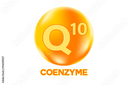 Vitamin Coenzyme q10 icon, glowing 3D molecule bubble isolated, transparent background. Healthy supplement nutrition, beauty product banner, vector infographic design element