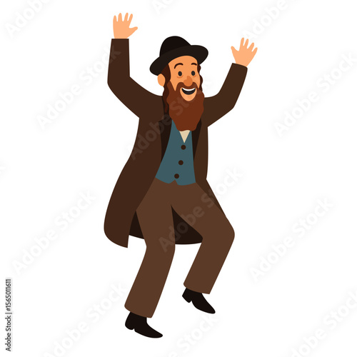 Jewish man dancing Hasidic dance. Man dressed in traditional Jewish clothes. celebration of Jewish holidays Sukkot and Simhat Tora and Simchat Beit HaShoeivah