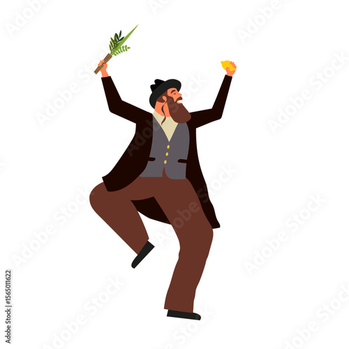 Jewish man dancing Hasidic dance. Man dressed in traditional Jewish clothes. celebration of Sukkot and Simchat Tora and Simchat Beit HaShoeivah