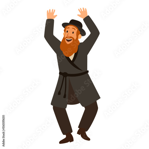 Jewish man dancing Hasidic dance. Man dressed in traditional Jewish clothes. celebration of Jewish holidays Sukkot and Simhat Tora and Simchat Beit HaShoeivah