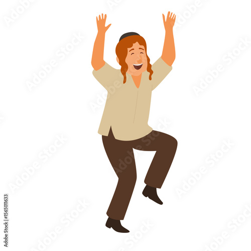 Jewish man dancing Hasidic dance. Man dressed in traditional Jewish clothes. celebration of Jewish holidays Sukkot and Simhat Tora and Simchat Beit HaShoeivah