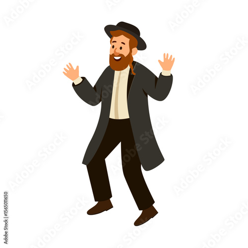 Jewish man dancing Hasidic dance. Man dressed in traditional Jewish clothes. celebration of Jewish holidays Sukkot and Simhat Tora and Simchat Beit HaShoeivah