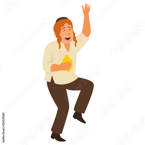 Jewish man dancing Hasidic dance. Man dressed in traditional Jewish clothes. celebration of Sukkot and Simchat Tora and Simchat Beit HaShoeivah