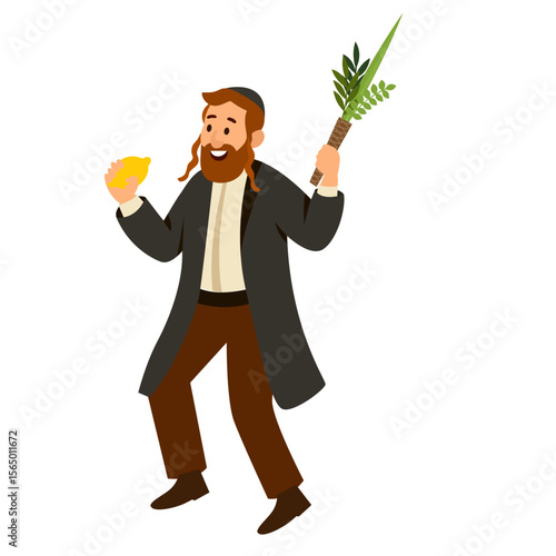 Jewish man dancing Hasidic dance. Man dressed in traditional Jewish clothes. celebration of Sukkot and Simchat Tora and Simchat Beit HaShoeivah