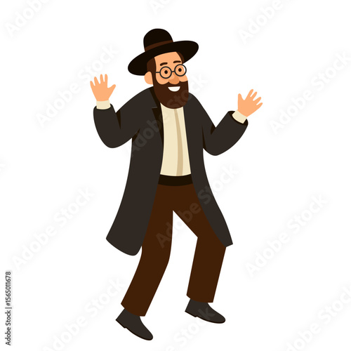 Jewish man dancing Hasidic dance. Man dressed in traditional Jewish clothes. celebration of Jewish holidays Sukkot and Simhat Tora and Simchat Beit HaShoeivah