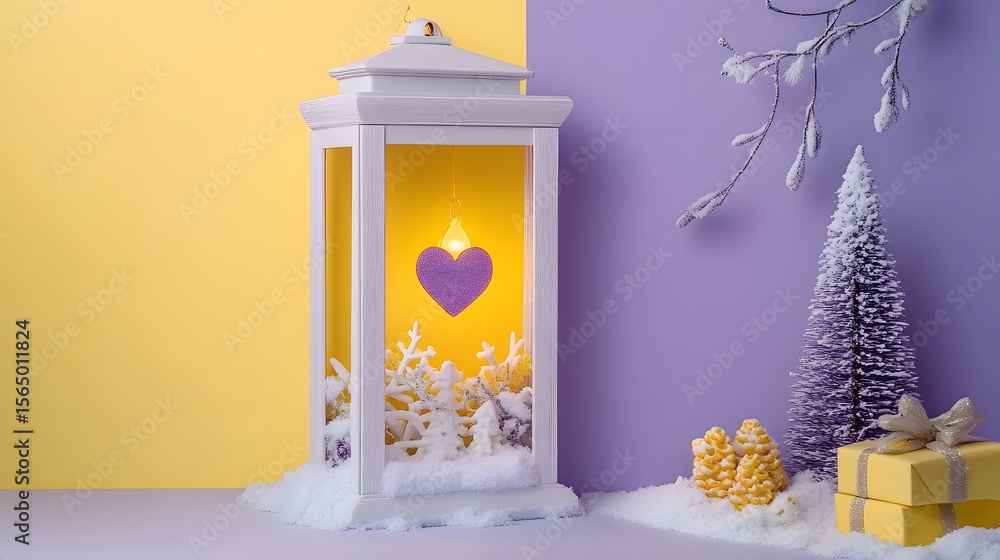 Fototapeta premium Winter Lantern Scene with Purple Heart and Snow