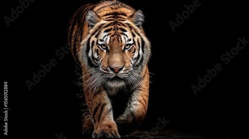 Tiger prowls a majestic predator in striking focus against a dark background