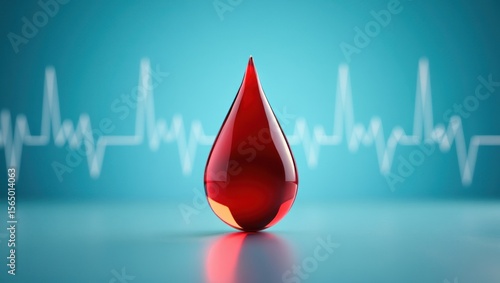 Red Blood Drop Symbolizes Life and Vitality on EKG Background