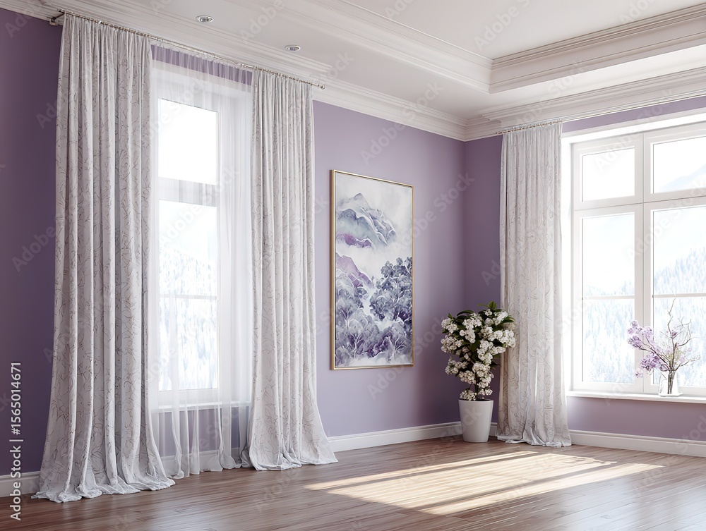Fototapeta premium modern interior mockup, slightly furnished, lavender wall, beautiful white printed curtains, huge windows, beautiful painting on the wall 