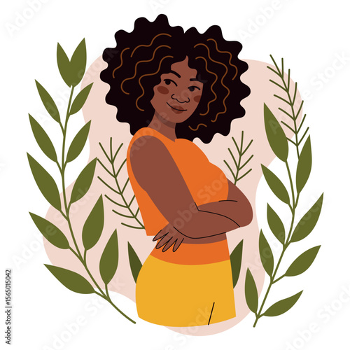 Black woman embracing herself in flat vector style. Illustration about self-love, confidence, and empowerment. Perfect for body positivity, mental health, and diversity themes. Clean, modern design