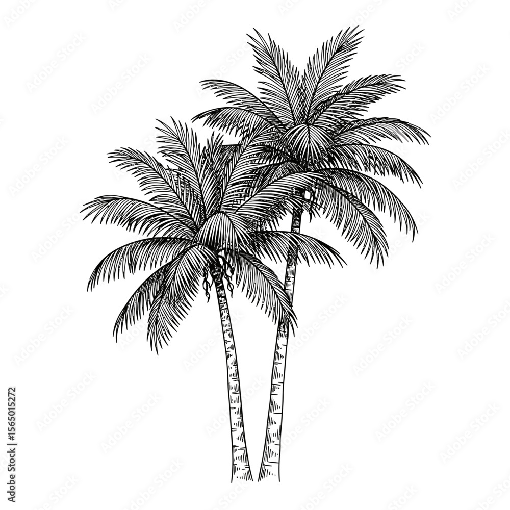 Obraz premium A detailed sketch of two tropical palm trees isolated on white background, showcasing their intricate leaf patterns