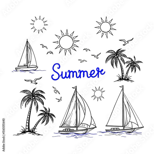 Handdrawn sailboats, palm trees, and suns create a summery nautical scene isolated on white background