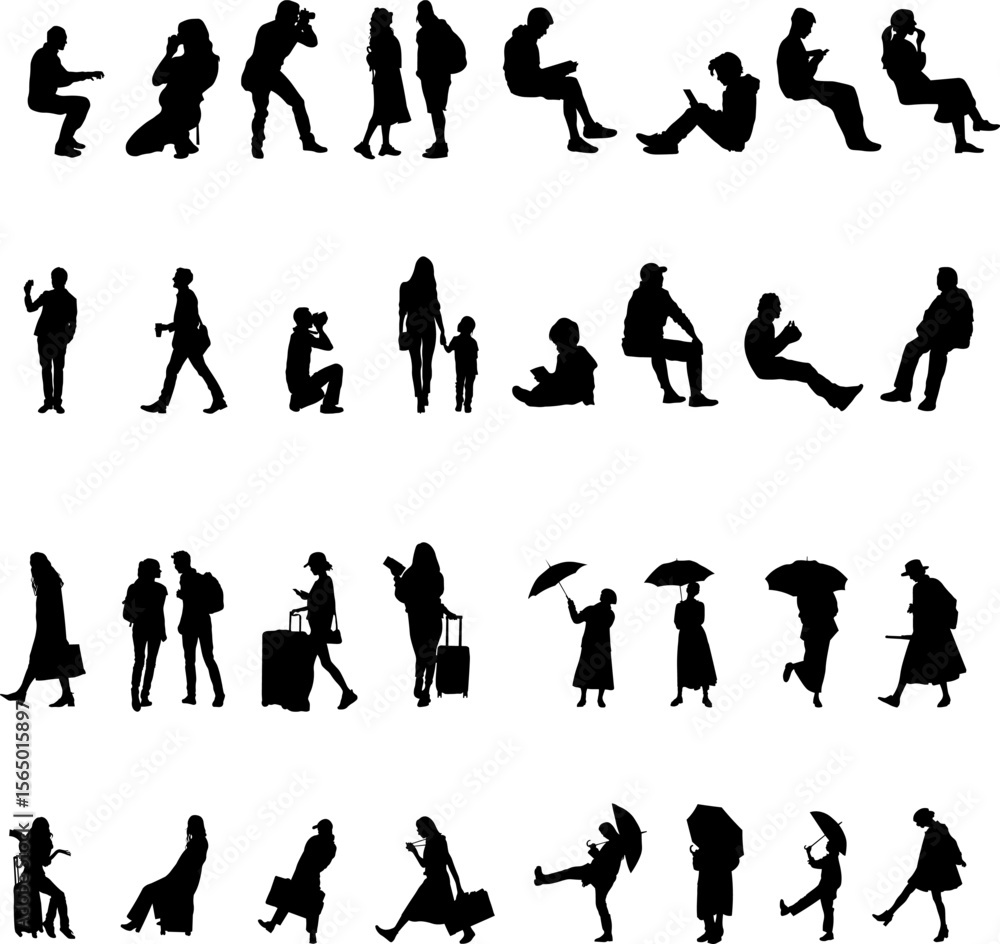 Naklejka premium Premium collection of modern people silhouettes in dynamic everyday activities like walking, sitting, traveling, and photographing. Ideal for architectural plans, urban design, wayfinding graphics.