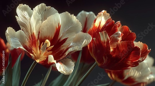 3D render close-up of tulips with white and red petals, warm lighting on black background, volumetric light, ray tracing, realistic high-resolution