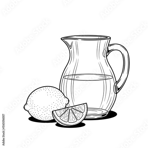A refreshing pitcher of lemon water with a lemon slice isolated on white background