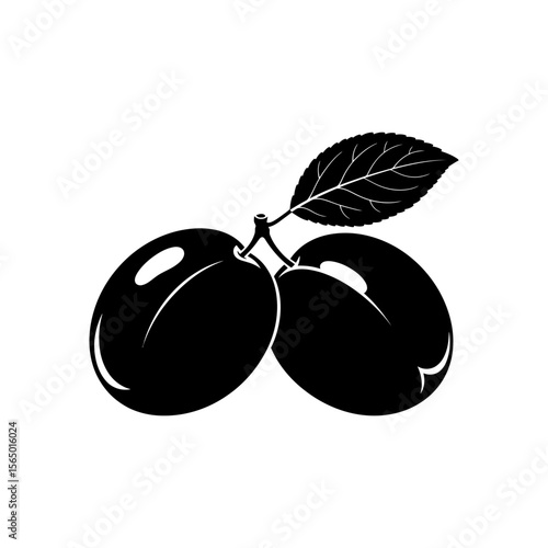 Two plums with a leaf on a branch, isolated on white background, representing fresh and healthy fruit