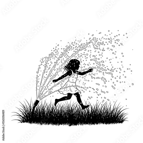 A young girl in a dress is running through a sprinkler on a lawn, isolated on white background