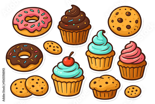 Delicious desserts vector illustration: cupcakes, donuts, and cookies for bakery design