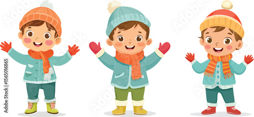 A Set of three cartoon toddlers in winter outfits, wearing hats, scarves, and gloves, standing and waving