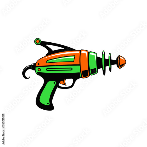 A retro orange and green raygun toy isolated on white background