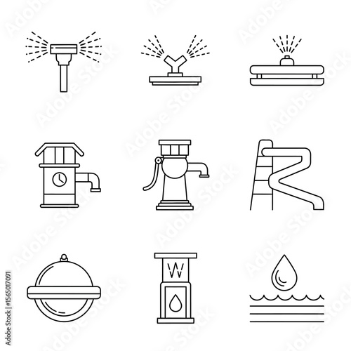 A collection of waterrelated icons including sprinklers, pumps, and a water slide