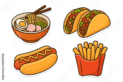 Diverse food icons vector illustration: ramen, tacos, hotdog, and fries for menu and sticker design