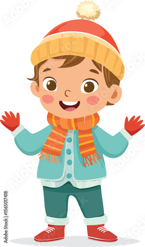 Cartoon toddlers in winter outfits, wearing hats, scarves, and gloves, standing and waving, cheer boy