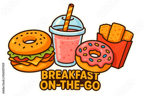 Breakfast on-the-go vector illustration: fast food concept in vibrant cartoon style