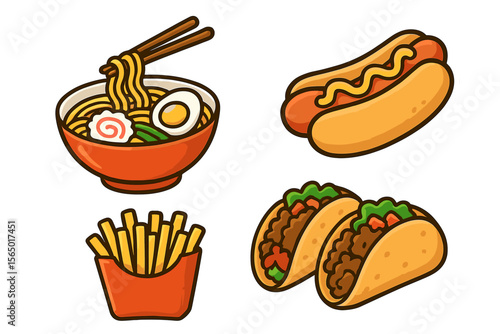 Fast food favorites vector illustration: ramen, hot dog, tacos, and fries in cartoon style for design