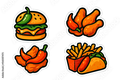 Delicious fast food vector illustration: burger, wings, taco, and fries in bold cartoon style