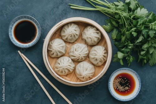 flat lay of traditional asian dumplings with herbs and chopsticks