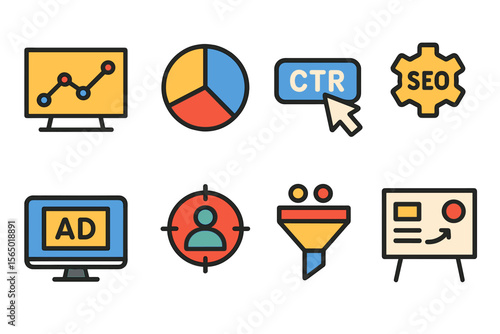 Digital marketing vector illustration with analytics and seo icons for design and print projects