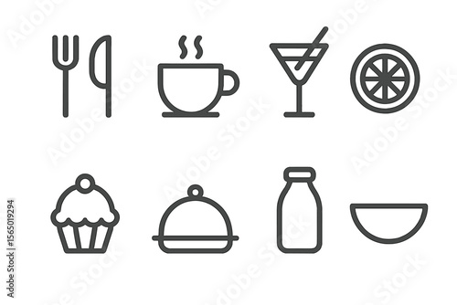Monochrome vector illustration of food and drink icons: cup, cocktail, cutlery, fruit slice for digital design