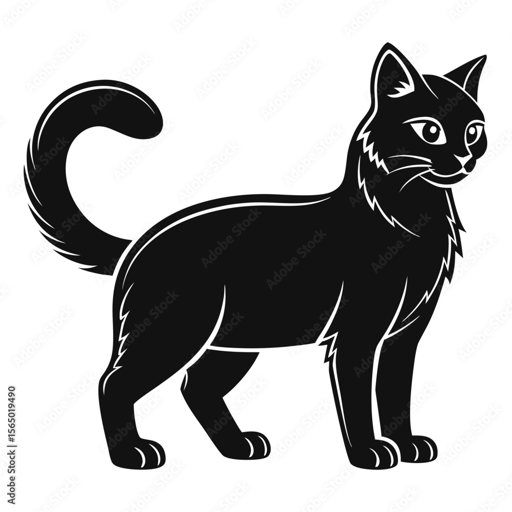 Standing American Curl Cat Silhouette with Curled Ears and Bushy Tail Standing American Curl Cat Silhouette with Curled Ears and Bushy Tail