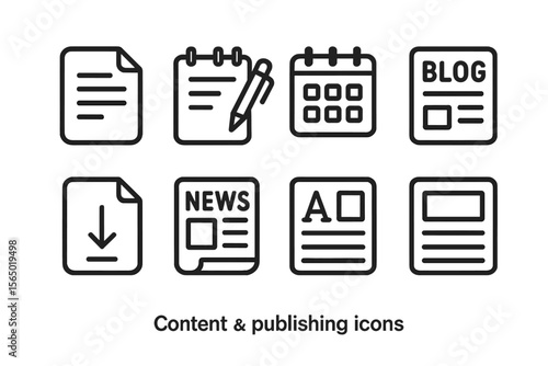 Content and publishing vector illustration with icon set for blogs and news in modern design