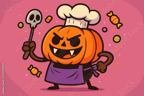 Halloween pumpkin chef vector illustration in cartoon style for festive designs
