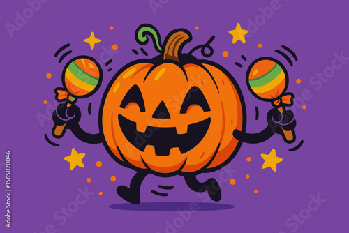 Halloween pumpkin character dancing with maracas vector illustration in cartoon style for festive design