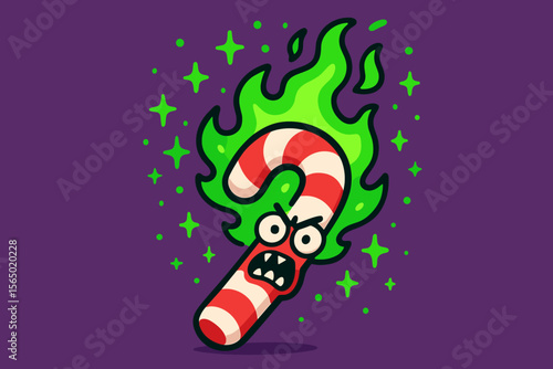 Fiery candy cane character vector illustration for holiday design in cartoon style
