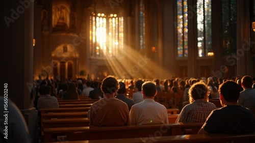 Inside view of a church during mass, with people seated in rows as sunlight streams through stained glass windows, creating a solemn and spiritual atmosphere.