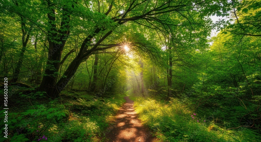 Naklejka premium A beautiful lush green forest with the morning sunlight