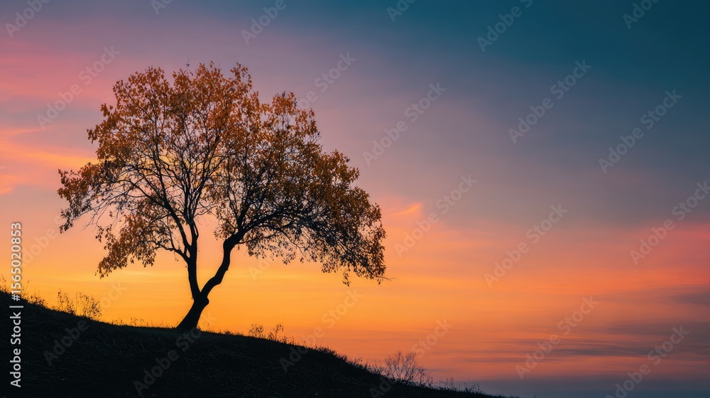 Isolated fall tree on a hill against a pastel sunset sky, silhouette with crisp leaves, landscape orientation Isolated fall tree on a hill against a pastel sunset sky, silhouette with crisp leaves, landscape orientation