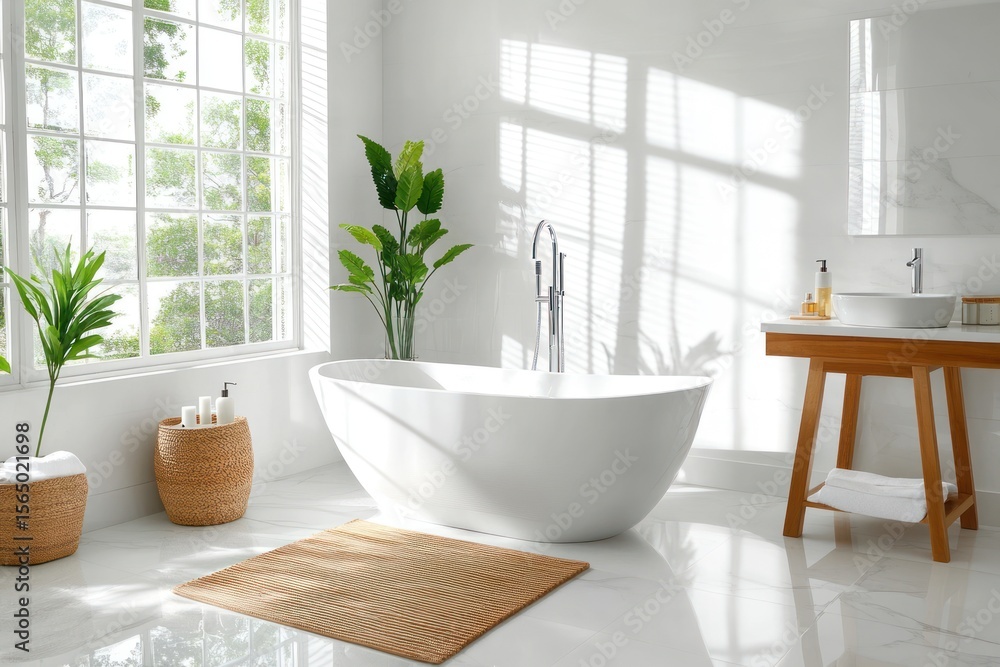 Fototapeta premium Luxurious Modern Bathroom: Bright White Oasis with Natural Light and Plants