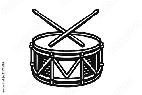 Musical drum with drumsticks vector illustration in black and white style for art and music projects
